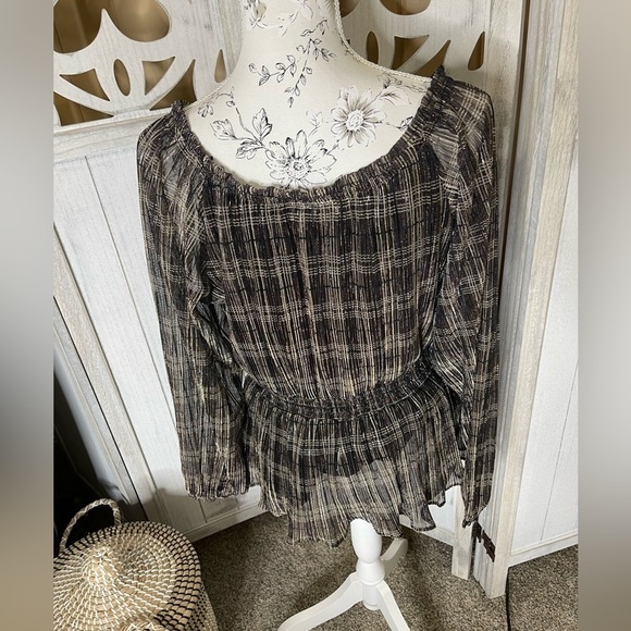 Knox Rose Top Womens Medium Striped Metallic Weave Peplum Balloon Sleeve Boho - Picture 1 of 3